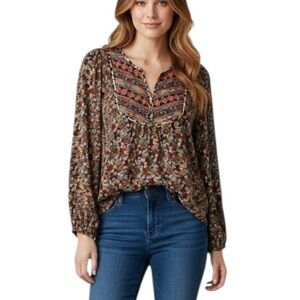 Savanna Jane Boho Aztec Floral Embroidered Long Sleeve Blouse Medium Pink Brown